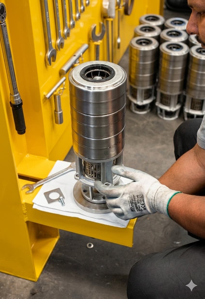 CNC machine precision-machining stainless steel pump body — close-up, metallic sheen, factory floor