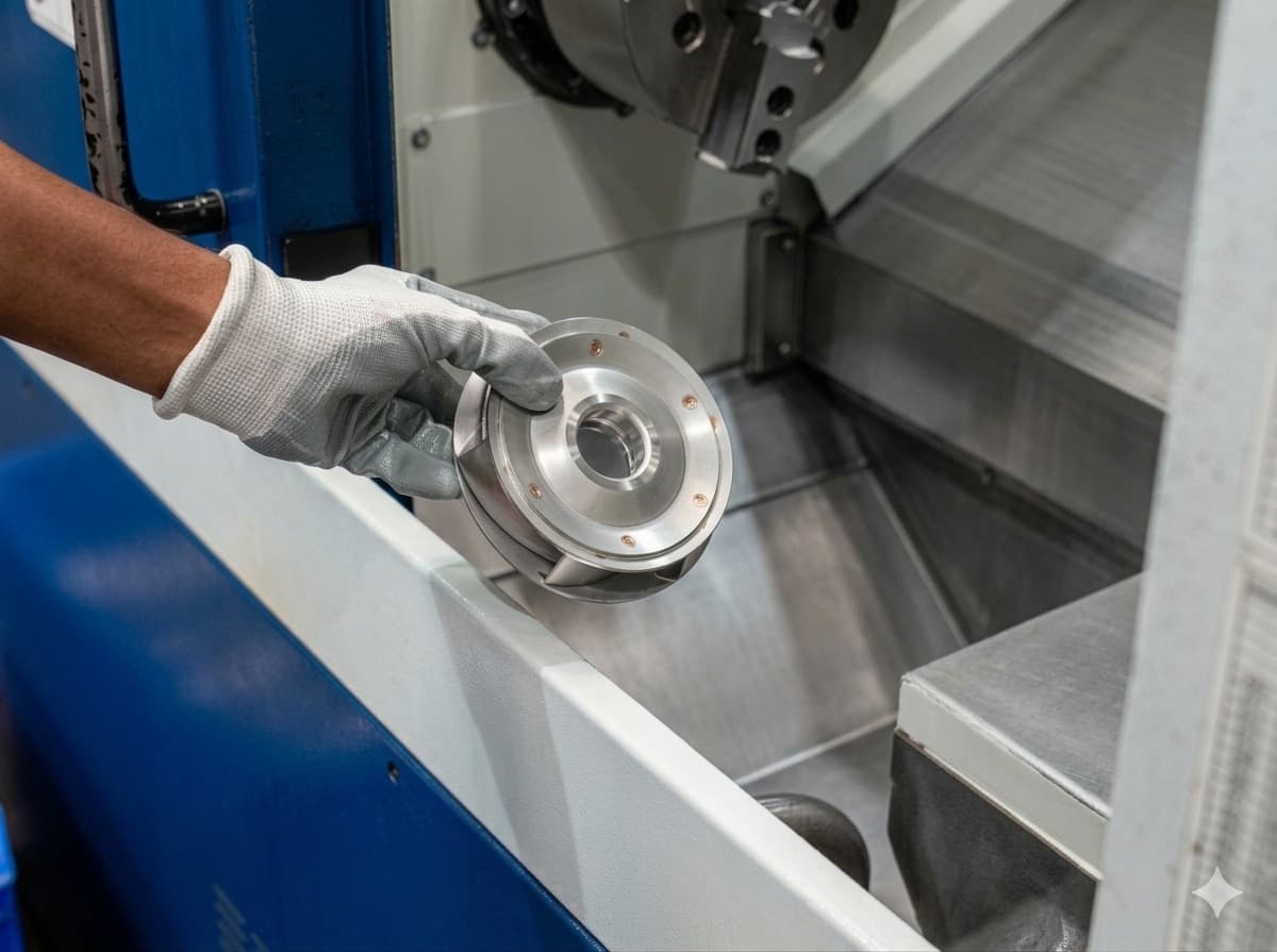 Impeller and diffuser components on workbench — precision cast, polished stainless steel