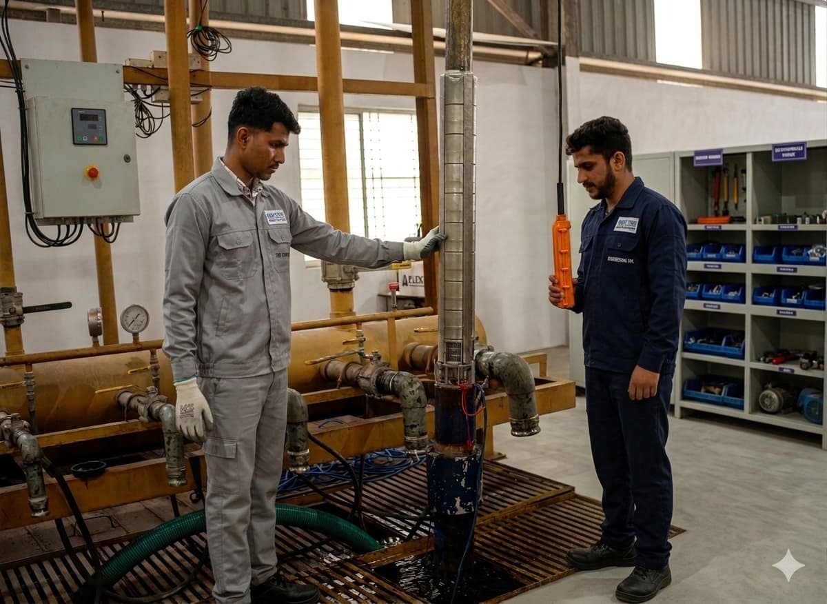 Pump test bench — submersible pump running under full hydraulic load, measurement gauges