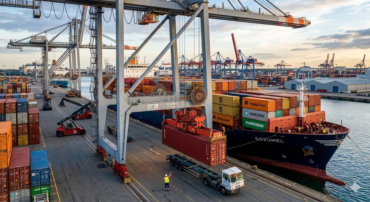 Export containers being loaded with packaged SLEKA pumps — logistics dock, forklift